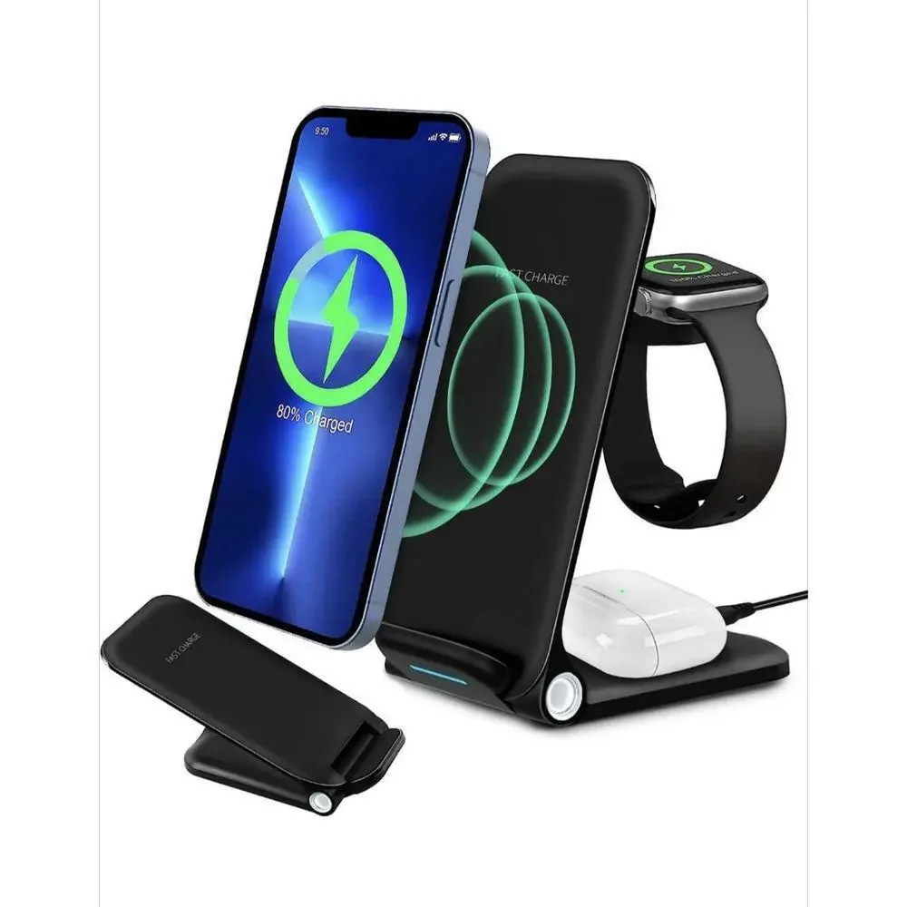 3 in 1 Fast Foldable Design Wireless Charger, Bidirectional, Double Coil Black